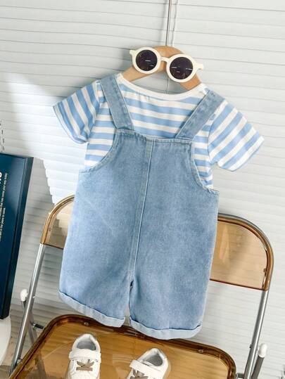 SHEIN Playful Pals مجموعة تي شيرت أطفال الأولاد المخطط، تي شيرت مع بنطلون الدينيم معلم برسوم كرتونية لفيل الزرافة اللطيفة