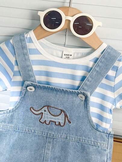 SHEIN Playful Pals مجموعة تي شيرت أطفال الأولاد المخطط، تي شيرت مع بنطلون الدينيم معلم برسوم كرتونية لفيل الزرافة اللطيفة