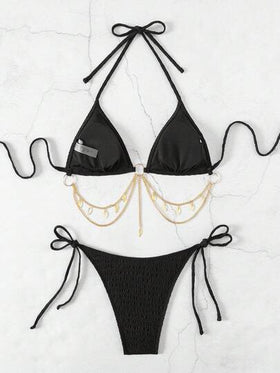 SHEIN Swim مجموعة بيكيني مثيرة للنساء برباط عنق وحيد بلون سادة، ملابس سباحة للشاطئ الصيفي