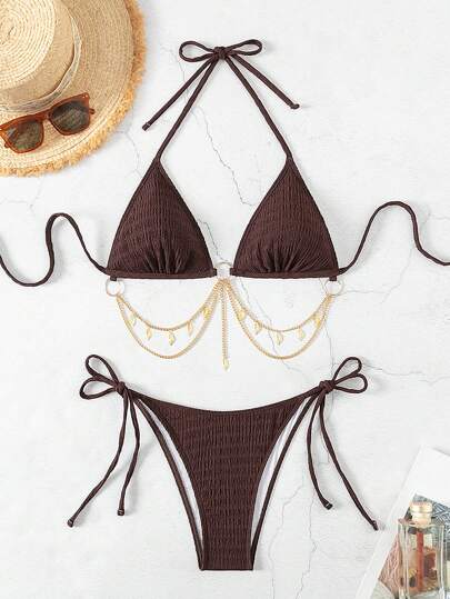 SHEIN Swim طقم بكيني - بذلة سباحة بلون أحادي مع تصميم متعلق بالرقبة وسلسلة للزينة، مثير
