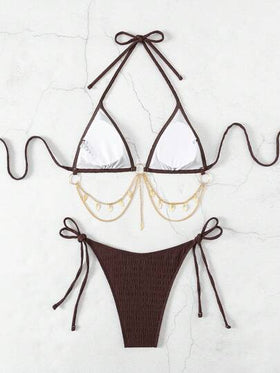 SHEIN Swim طقم بكيني - بذلة سباحة بلون أحادي مع تصميم متعلق بالرقبة وسلسلة للزينة، مثير
