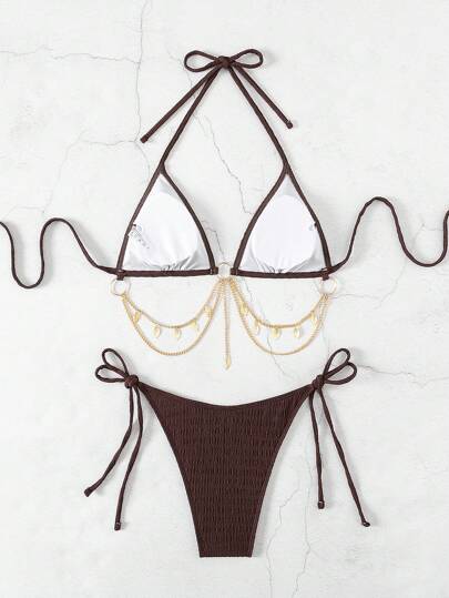 SHEIN Swim طقم بكيني - بذلة سباحة بلون أحادي مع تصميم متعلق بالرقبة وسلسلة للزينة، مثير