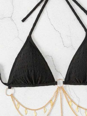 SHEIN Swim مجموعة بيكيني مثيرة للنساء برباط عنق وحيد بلون سادة، ملابس سباحة للشاطئ الصيفي