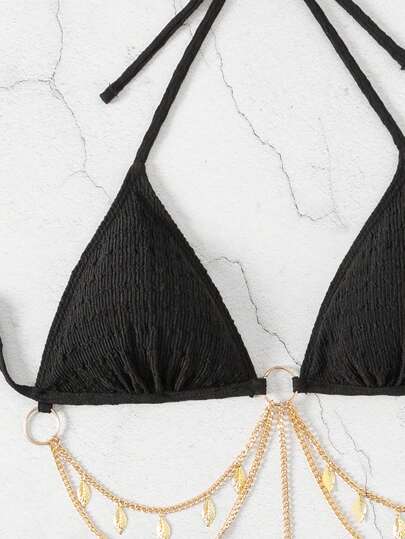 SHEIN Swim مجموعة بيكيني مثيرة للنساء برباط عنق وحيد بلون سادة، ملابس سباحة للشاطئ الصيفي