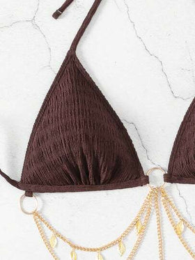 SHEIN Swim طقم بكيني - بذلة سباحة بلون أحادي مع تصميم متعلق بالرقبة وسلسلة للزينة، مثير