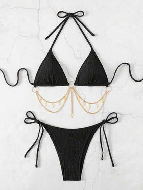 SHEIN Swim مجموعة بيكيني مثيرة للنساء برباط عنق وحيد بلون سادة، ملابس سباحة للشاطئ الصيفي