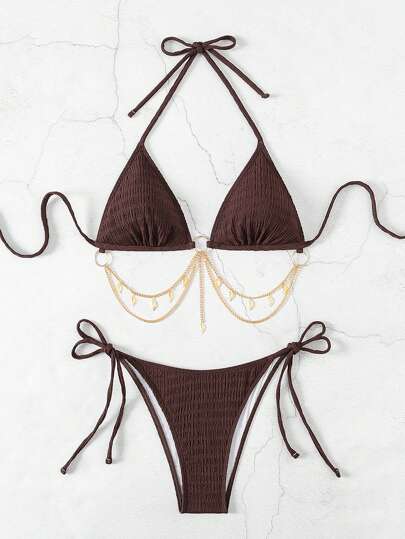 SHEIN Swim طقم بكيني - بذلة سباحة بلون أحادي مع تصميم متعلق بالرقبة وسلسلة للزينة، مثير