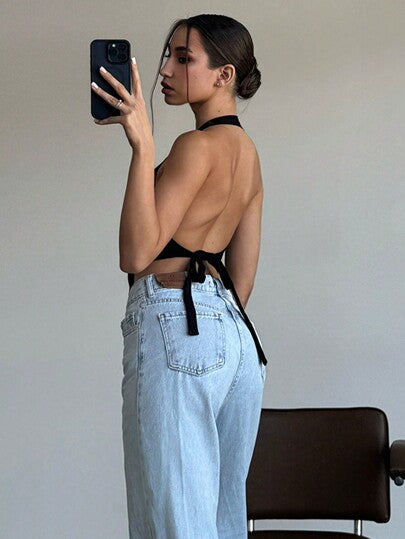 EZwear سترة صيفية نسائية ذات حمالات عنق خلفية بلا أكمام بلون سادة وظهر مكشوف