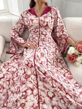 Al Najma فستان عباية نسائي بأكمام طويلة مزين بطبعات الزهور وتقويرة على شكل حرف V وتفاصيل ملونة على الحواف