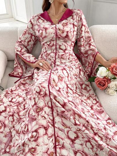Al Najma فستان عباية نسائي بأكمام طويلة مزين بطبعات الزهور وتقويرة على شكل حرف V وتفاصيل ملونة على الحواف