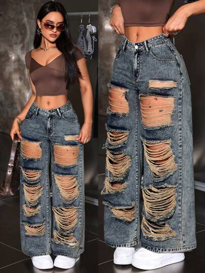 SHEIN ICON بنطلون جينز عريض مناسب لإطلالة عارضة بجيوب ممزقة للنساء