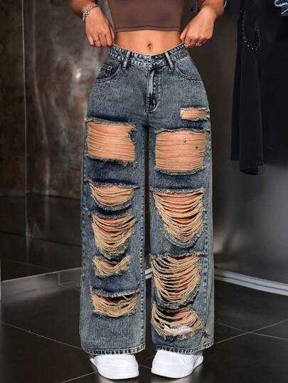 SHEIN ICON بنطلون جينز عريض مناسب لإطلالة عارضة بجيوب ممزقة للنساء