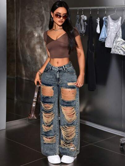 SHEIN ICON بنطلون جينز عريض مناسب لإطلالة عارضة بجيوب ممزقة للنساء