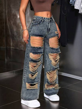 SHEIN ICON بنطلون جينز عريض مناسب لإطلالة عارضة بجيوب ممزقة للنساء