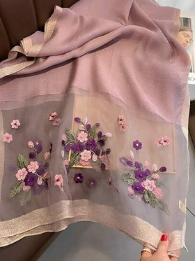وشاح نسائي أنيق من مزيج الحرير / الصوف مزين بتطريز خرز الأزهار البنفسجية ، مثالي للسفر في الصيف والحماية من الشمس في الخريف والشتاء والاحتفاظ بالدفء والزينةرمضان