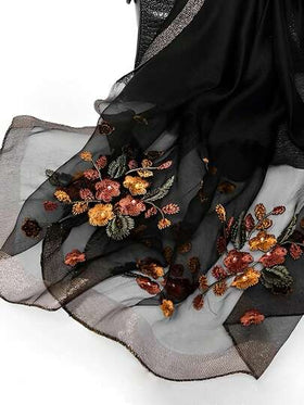 قطعة واحدة شال أنيق للنساء مطرز باللون الأسود الخالص مع زهور وخرز ومواد مخلوطة