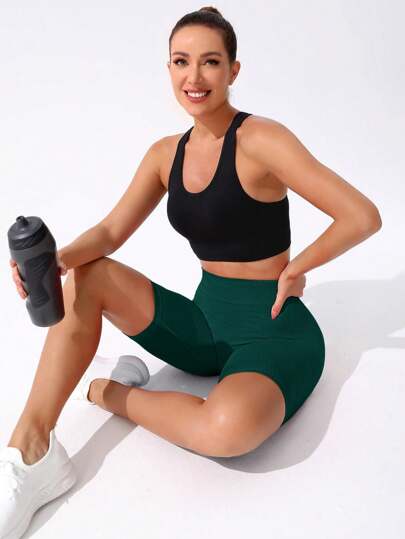 Seamluxe SHEIN Sport شورت ركوب الدراجات النارية موحدة اللون محبوك مضلع