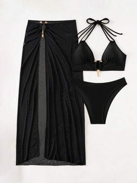 SHEIN X Sofía Suescun Swim SXY 3 قطع من طقم بيكيني للسيدات ذو لون أحادي بياقة حولية مع تنورة عباءة كاملة للاستخدام على الشاطئ في الصيف