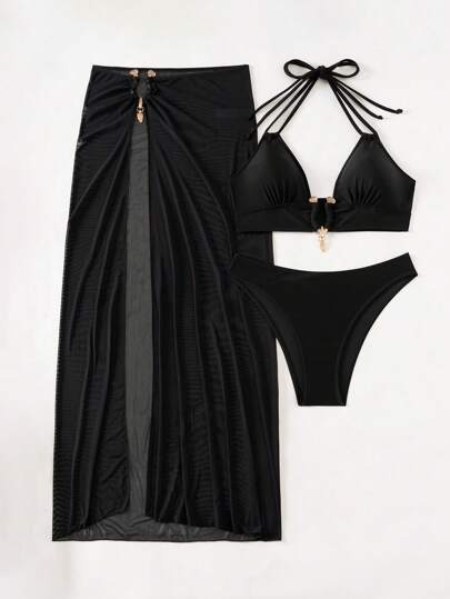 SHEIN X Sofía Suescun Swim SXY 3 قطع من طقم بيكيني للسيدات ذو لون أحادي بياقة حولية مع تنورة عباءة كاملة للاستخدام على الشاطئ في الصيف