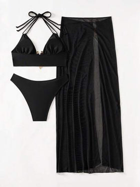SHEIN X Sofía Suescun Swim SXY 3 قطع من طقم بيكيني للسيدات ذو لون أحادي بياقة حولية مع تنورة عباءة كاملة للاستخدام على الشاطئ في الصيف