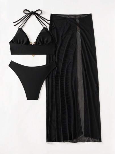 SHEIN X Sofía Suescun Swim SXY 3 قطع من طقم بيكيني للسيدات ذو لون أحادي بياقة حولية مع تنورة عباءة كاملة للاستخدام على الشاطئ في الصيف