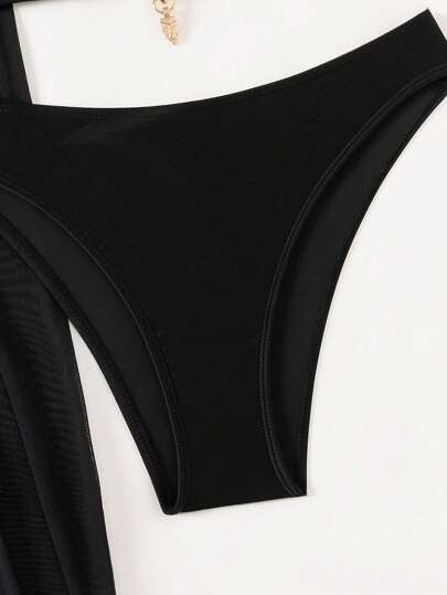 SHEIN X Sofía Suescun Swim SXY 3 قطع من طقم بيكيني للسيدات ذو لون أحادي بياقة حولية مع تنورة عباءة كاملة للاستخدام على الشاطئ في الصيف