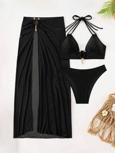 SHEIN X Sofía Suescun Swim SXY 3 قطع من طقم بيكيني للسيدات ذو لون أحادي بياقة حولية مع تنورة عباءة كاملة للاستخدام على الشاطئ في الصيف