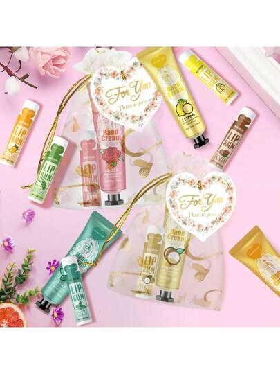 MISS FACTORX علبة تحتوي على 12 مجموعة/ صندوق من مجموعة هدية من مرطّب شفاه وكريم لليدين، مناسبة لإهدائها في حفل الزفاف أو للنساء أو الأصدقاء مع كيس حب وبطاقة شكر، مناسبة لتوزيعها كهدايا لموظفي الشركة