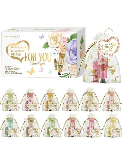 MISS FACTORX علبة تحتوي على 12 مجموعة/ صندوق من مجموعة هدية من مرطّب شفاه وكريم لليدين، مناسبة لإهدائها في حفل الزفاف أو للنساء أو الأصدقاء مع كيس حب وبطاقة شكر، مناسبة لتوزيعها كهدايا لموظفي الشركة