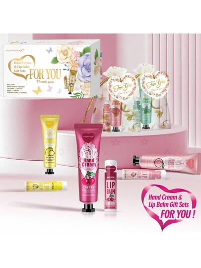 MISS FACTORX علبة تحتوي على 12 مجموعة/ صندوق من مجموعة هدية من مرطّب شفاه وكريم لليدين، مناسبة لإهدائها في حفل الزفاف أو للنساء أو الأصدقاء مع كيس حب وبطاقة شكر، مناسبة لتوزيعها كهدايا لموظفي الشركة