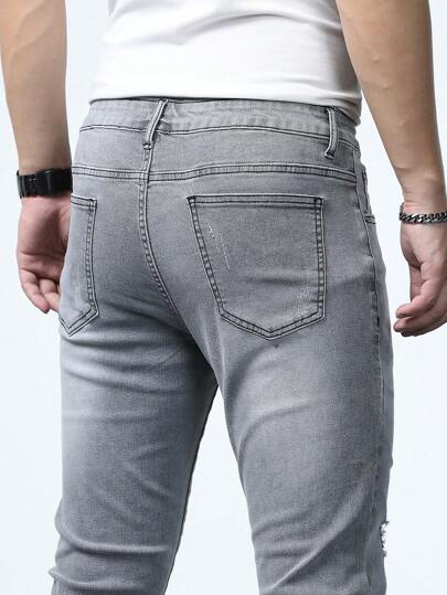 Manfinity Homme بنطلون جينز رجالي جينز ممزق ضيق ، تطرف ممشوق طويل مغسول ، شحن قماش سادة لون رمادي فاتح، ملابس عمل وكاجوال ، جينزات زوجية رمادية للرجال - جينزات رجالي ضيقة