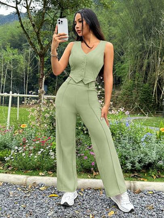 PETITE مجموعة بدلة نسائية بأكمام بدون أكمام وبنطلون طويل بلون سادة للارتداء اليومي، قطعتين