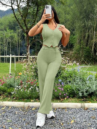 PETITE مجموعة بدلة نسائية بأكمام بدون أكمام وبنطلون طويل بلون سادة للارتداء اليومي، قطعتين