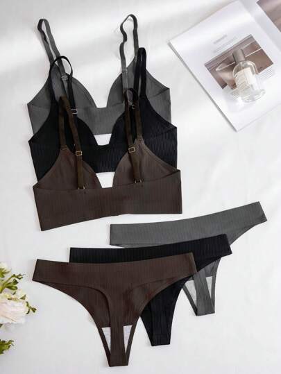 Shein Underwear&Sleepwear Basics 6 قطعة/مجموعة بيجامة مجموعة سلسلة الراحة الكنزة النسيج المنسوج بدون غرز مع إغلاق أمامي ملابس داخلية مثيرة