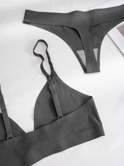 Shein Underwear&Sleepwear Basics 6 قطعة/مجموعة بيجامة مجموعة سلسلة الراحة الكنزة النسيج المنسوج بدون غرز مع إغلاق أمامي ملابس داخلية مثيرة