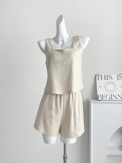 SHEIN Frenchy طقم أكمام وشورت فضفاض، مجموعة إجازة، ديكور جذاب سهل، قماش مخلوط الكتان قطعتين قصيرة، شورت كتان للنساء، ملابس كتان، شورت كاكي للنساء، ملابس حفلة شاي رسمية قصيرة