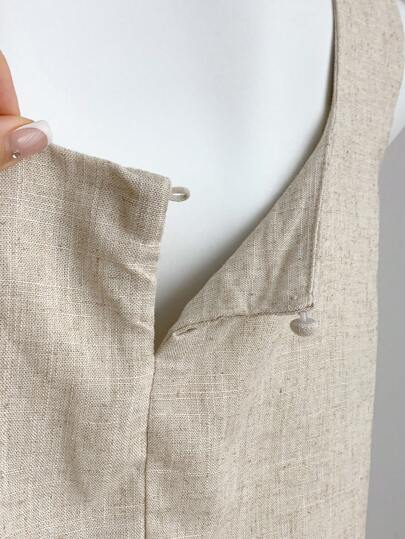 SHEIN Frenchy طقم أكمام وشورت فضفاض، مجموعة إجازة، ديكور جذاب سهل، قماش مخلوط الكتان قطعتين قصيرة، شورت كتان للنساء، ملابس كتان، شورت كاكي للنساء، ملابس حفلة شاي رسمية قصيرة