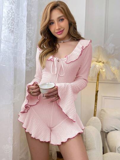 SHEIN رومبير نسائية بأكمام واسعة مزينة بالدانتيل والكشكشة على الحافة، لون متباين، مناسبة لمناسبات العطلات في فصلي الخريف والشتاء