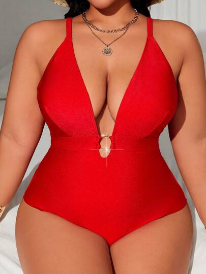 Swim SXY قطعة واحدة بدلة سباحة بلون أحادي وأسلوب جذاب للمرأة ذات الحجم الكبير