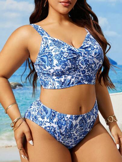 Swim Lushoire تانكيني مطبوع بشكل عشوائي بسيط لاستخدام يومي للنساء ذوات الحجم الإضافي في الصيف