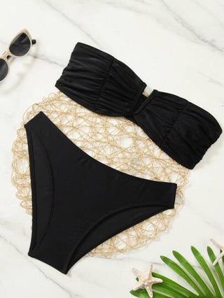 Swim Basics مجموعة بيكيني جذابة للنساء بدون حمالات، بلون صلب وتصميم مطوي للصيف والشاطئ