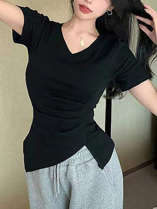 INAWLY تي شيرت صيفي للسيدات بأكمام قصيرة وفتحة رقبة على شكل V بلون سادة وشق جانبي مجعد للتسوق العارض