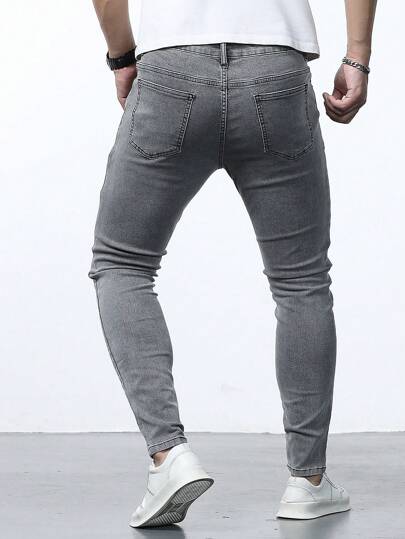 Manfinity Homme بنطلون جينز رمادي فاتح مغسول ضيق بأجيب للرجال، بنطلون جينز سليم أسود أحادي اللون، هدايا للزوج والصديق