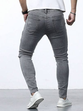 Manfinity Homme بنطلون جينز رمادي فاتح مغسول ضيق بأجيب للرجال، بنطلون جينز سليم أسود أحادي اللون، هدايا للزوج والصديق