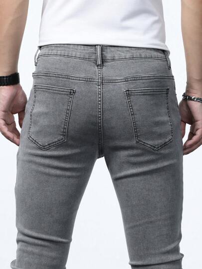 Manfinity Homme بنطلون جينز رمادي فاتح مغسول ضيق بأجيب للرجال، بنطلون جينز سليم أسود أحادي اللون، هدايا للزوج والصديق