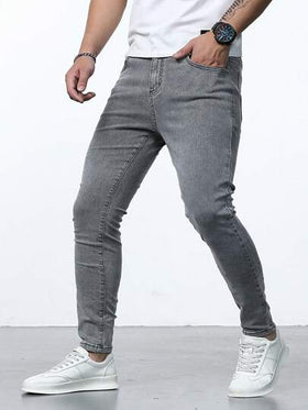 Manfinity Homme بنطلون جينز رمادي فاتح مغسول ضيق بأجيب للرجال، بنطلون جينز سليم أسود أحادي اللون، هدايا للزوج والصديق