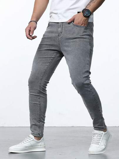 Manfinity Homme بنطلون جينز رمادي فاتح مغسول ضيق بأجيب للرجال، بنطلون جينز سليم أسود أحادي اللون، هدايا للزوج والصديق