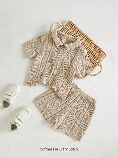 Cozy Pixies مجموعة ملابس علوية وشورت كاجوال 2 قطعة لطفل من كلا الجنسين، لونها أخضر بيج، قطن مضفر ناعم، بياقة وأكمام قصيرة وشورت كاجوال، متعددة الاستخدام، أسلوب كوري كاجوال، مناسبة للرفاهية والمنزل والسفر