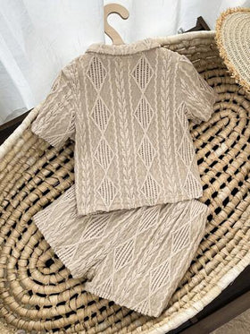 Cozy Pixies مجموعة ملابس علوية وشورت كاجوال 2 قطعة لطفل من كلا الجنسين، لونها أخضر بيج، قطن مضفر ناعم، بياقة وأكمام قصيرة وشورت كاجوال، متعددة الاستخدام، أسلوب كوري كاجوال، مناسبة للرفاهية والمنزل والسفر