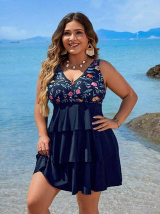 SHEIN Swim Curve تانكينى صيفى بدون أكمام وطباعة بسيطة لسيدات مقاسات كبيرة
